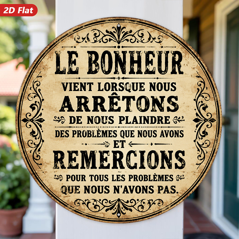 TEMU Plaque Métallique Ronde Vintage 2D Plate, 1pc, Française, Art Mural, de Français, Typographie Noire Vieillie, pour Bureau, Bureau d'Étude, Salle