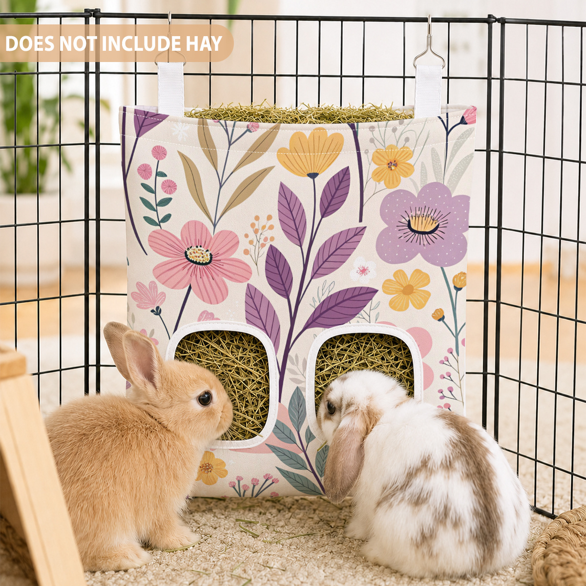 TEMU Mangeoire à foin à 2 trous avec sac de suspension - Mignonne, convient aux lapins, cochons d'Inde, hamsters, souris - Distributeur de foin à