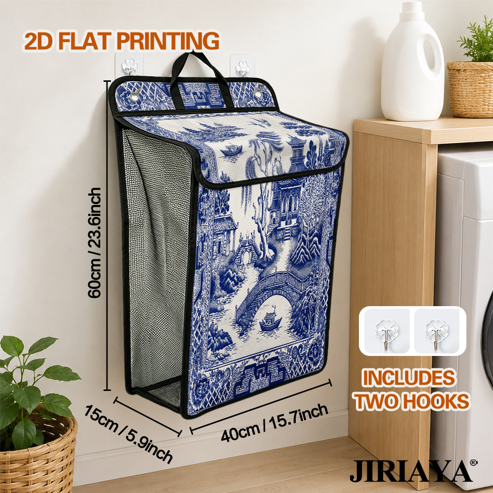 TEMU 2d Flat, 1pc Oriental Print, Hanging Durable Laundry Baskets With Top Handle & Breathable Mesh Panels, Air-permeable Storage Organizer For