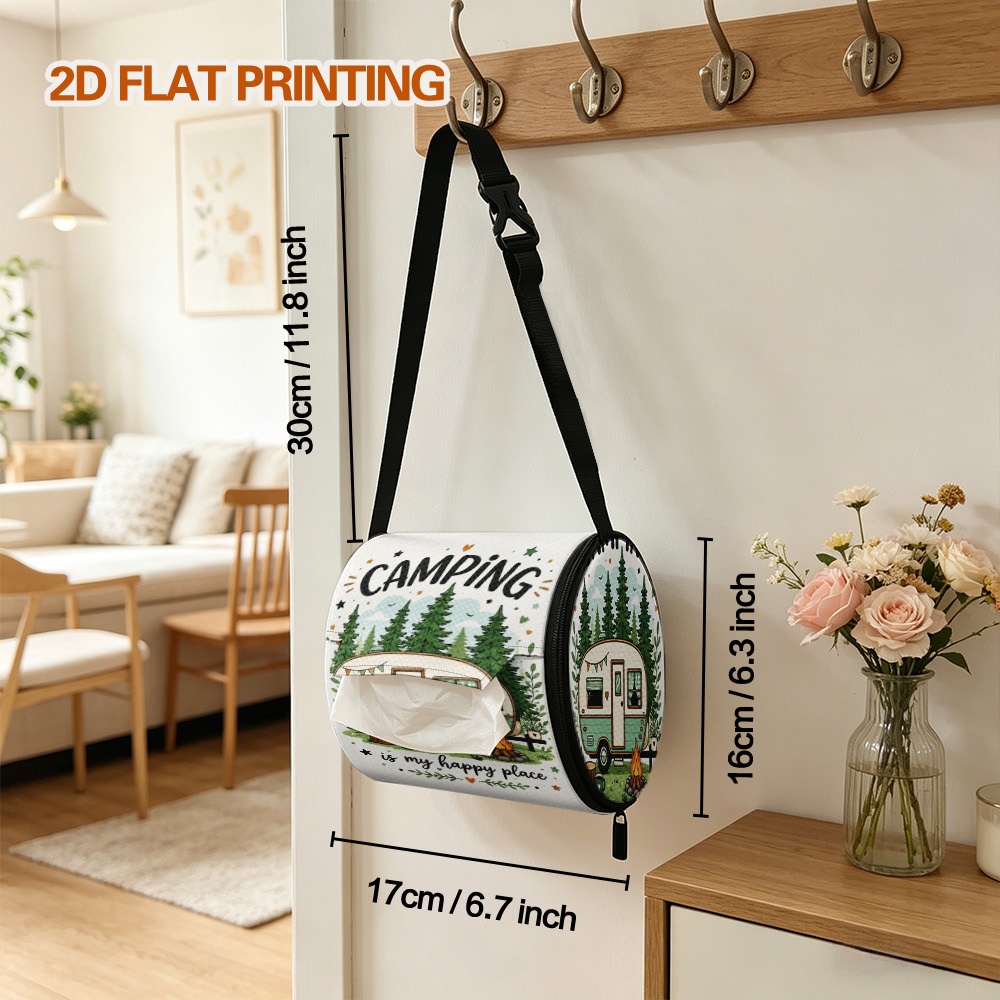 TEMU 1pc Support de papier toilette à thème de camping, boîte de rouleau, support de papier essuie-tout, sac de rangement de mouchoirs décoratif pour