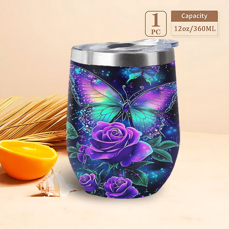 TEMU 1pc 12oz Stainless Steel Tumbler,durable Drinkware Leakproof Travel Mugs With Glowing And Purple Rose Theme Design,ideal For Office Desk Use,