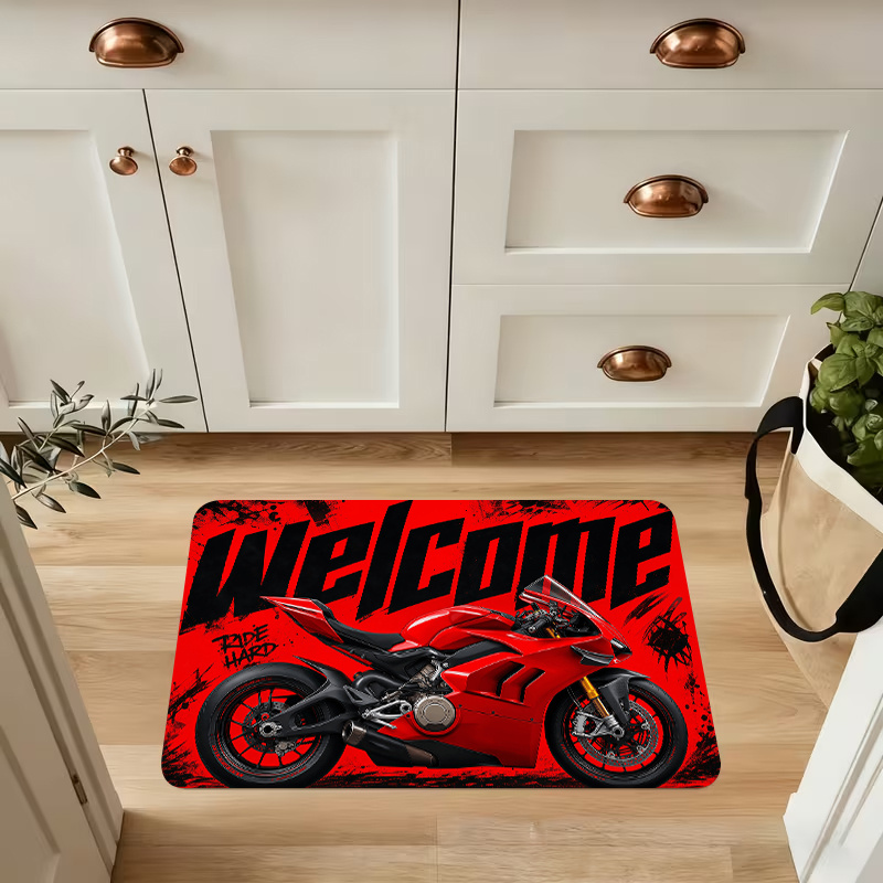 TEMU 1pc, 2d Flat Printing, Red Motorcycle Pattern Indoor Mat, Non-slip And Machine Washable Easy To Clean Polyester Carpet, Suitable For Home And