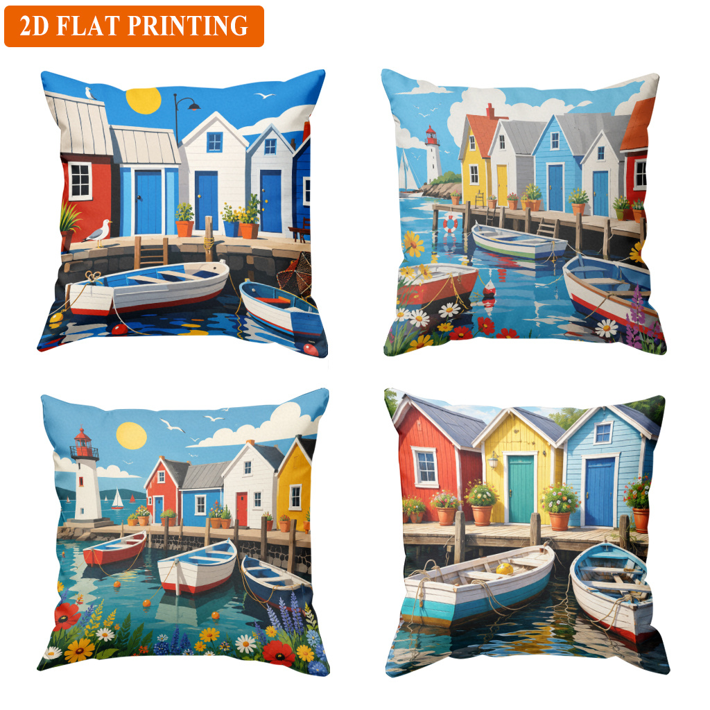 TEMU Lot de 4 housses de coussin rétro cabanes et bateaux , la voiture, la décoration de canapé - Taies d'oreiller décoratives modernes à fermeture