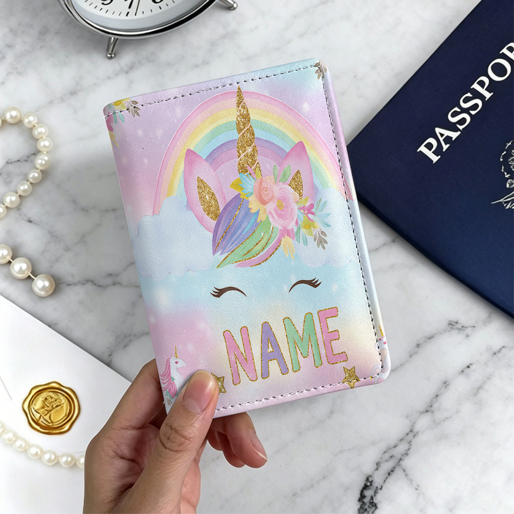 TEMU Customized Unicorn Theme 2d Flat Designed Passport Holder Passport Cover, Custom Name/text Passport Holder With Card Holder Card Slots,