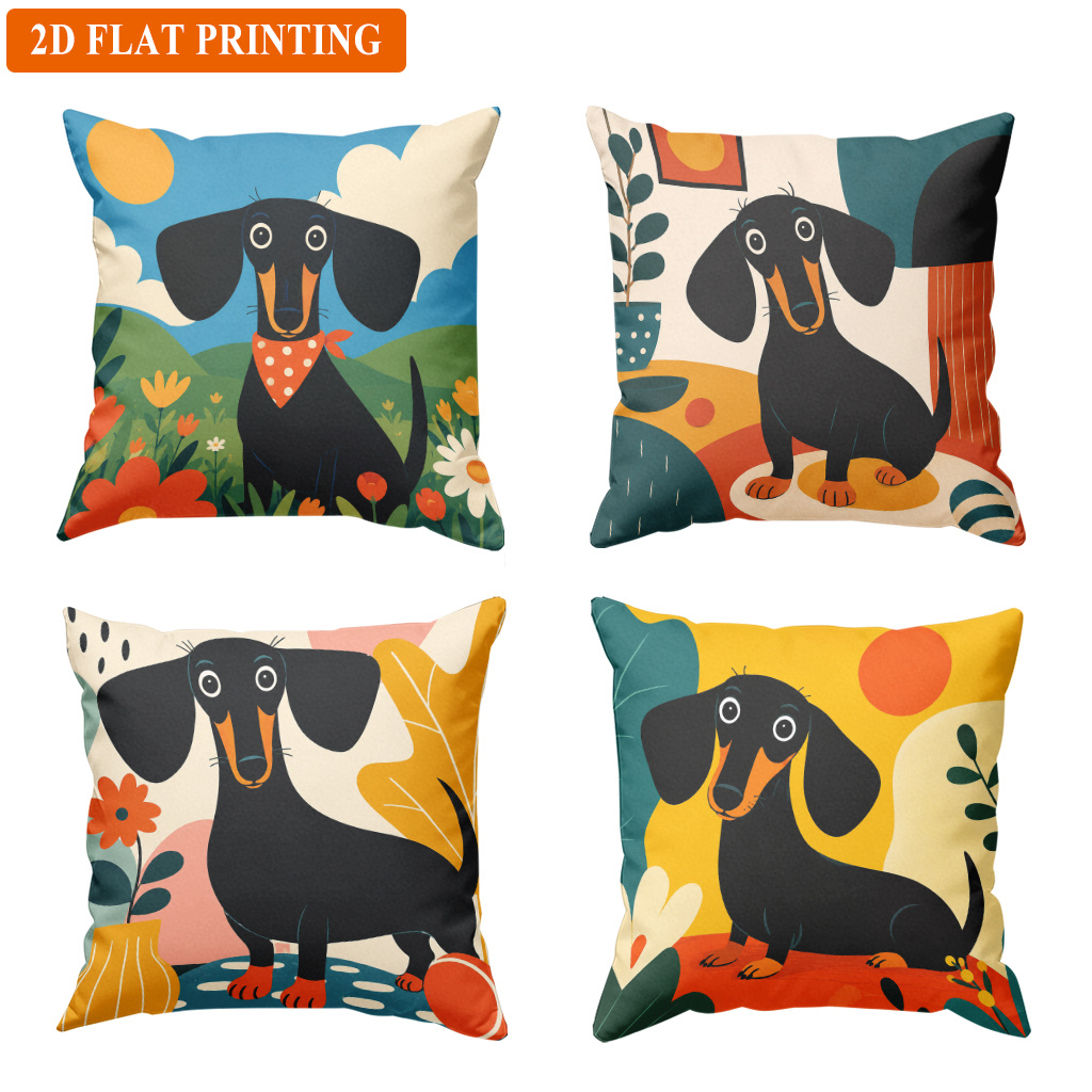 TEMU 4pcs Retro Dachshund Cushion Covers Suitable For , Double-sided Zippered Decorative Pillowcases With Dachshund & Sun Print, Machine Washable