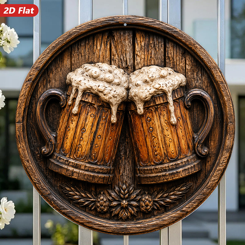 TEMU 2d Flat, 1pc Round Metal Sign Wall Art, Wooden Beer Mugs Wall Decor, Rustic Style, Relief Art, Home Decor, For Bar, Pub, For Man - Cave, Living