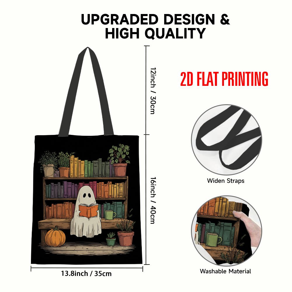TEMU 1pc, (2d Flat) Printed Canvas Handbag With Halloween Reading Pattern, Shoulder Tote Bag, Reusable Grocery Bags, Ideal For Leisure And Parties