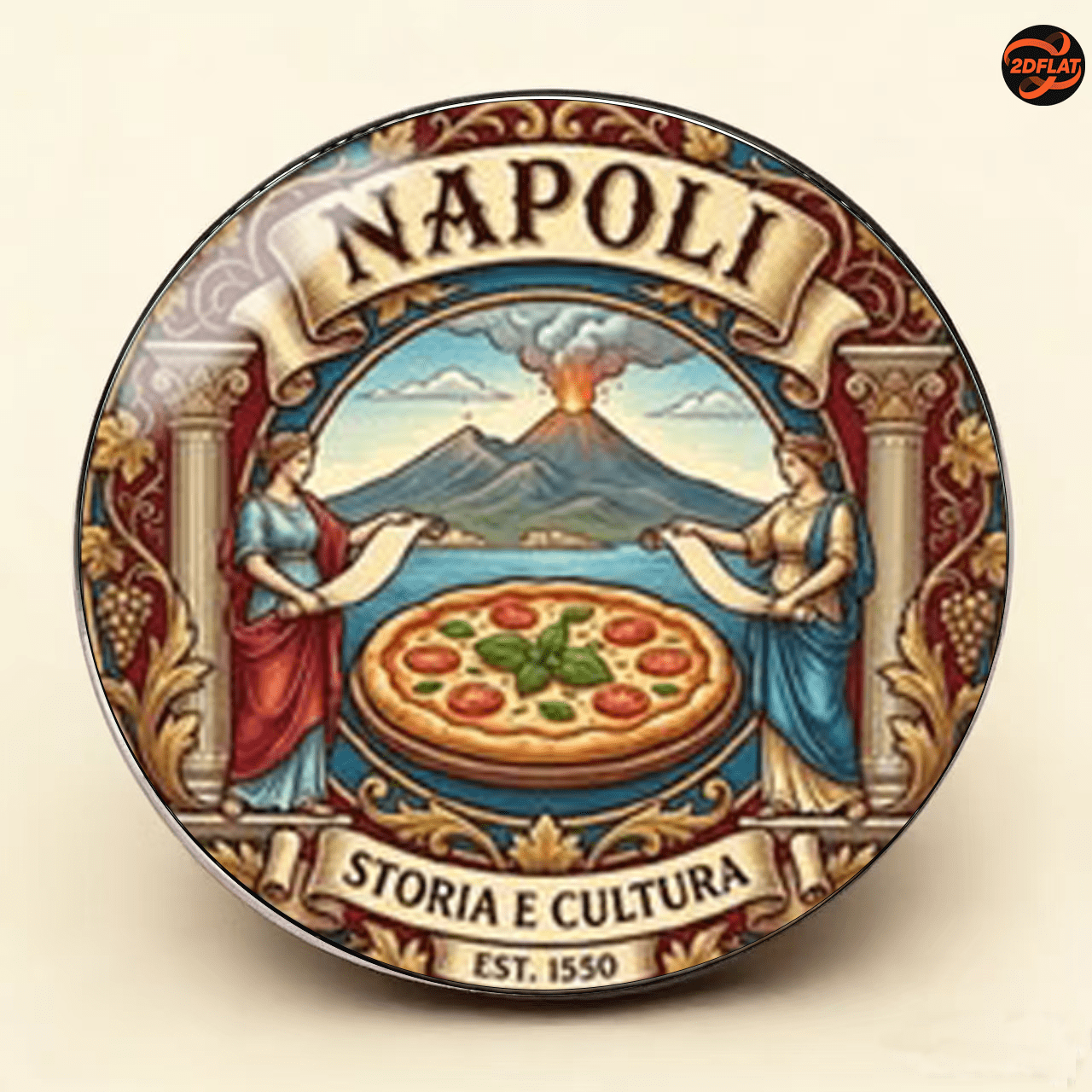 TEMU 1pc, 2d Themed Stainless Steel Brooch, Classic Mount Margherita Pizza Vintage Print Badge, Italian Napoli Historical And Cultural Emblem Pin,