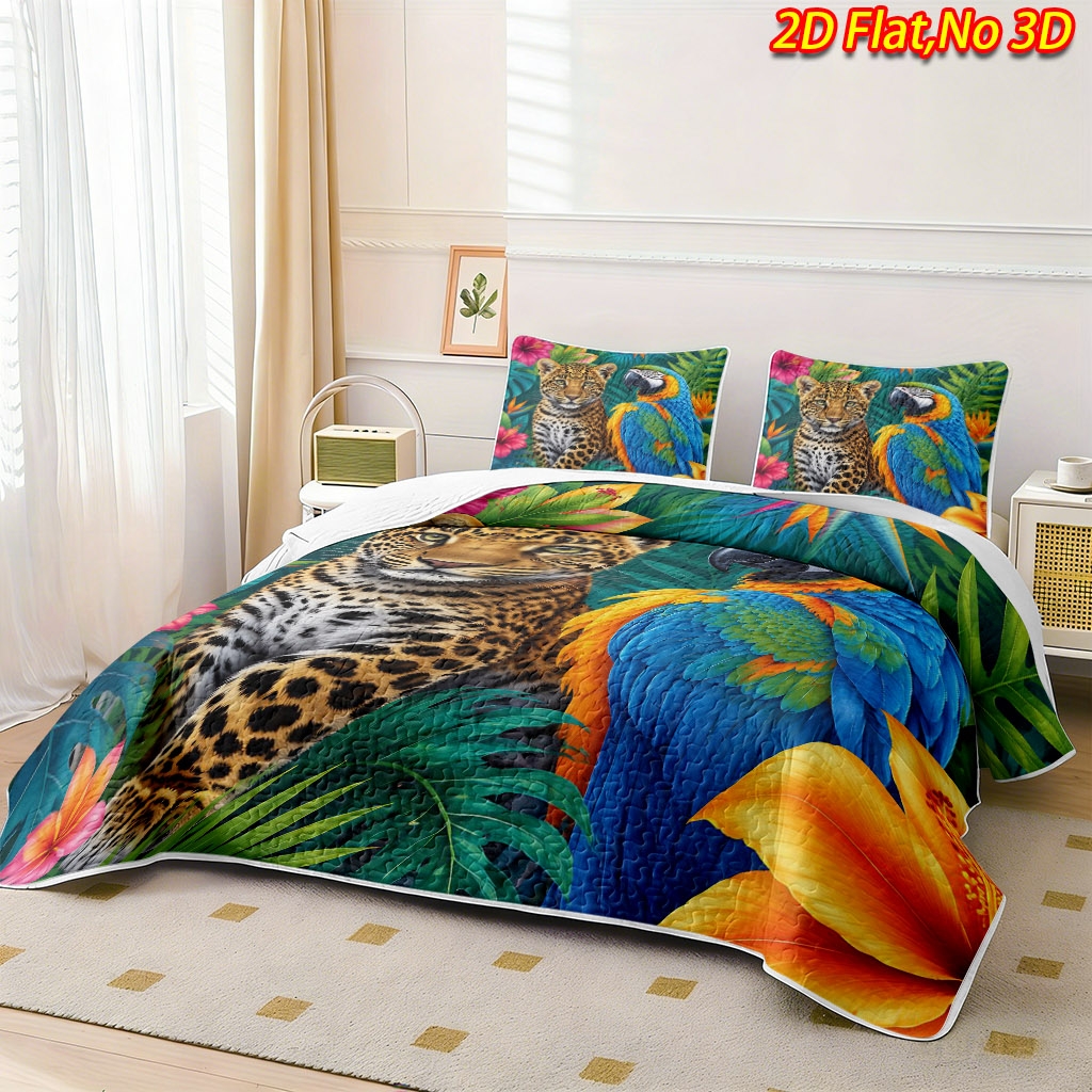 TEMU 2/3pcs 2d Flat Jungle Leopard And Parrot Bedspread Set (1*bedspread   1/2*pillowcases, No Filler), Soft And Comfortable Bedding, In Queen/king