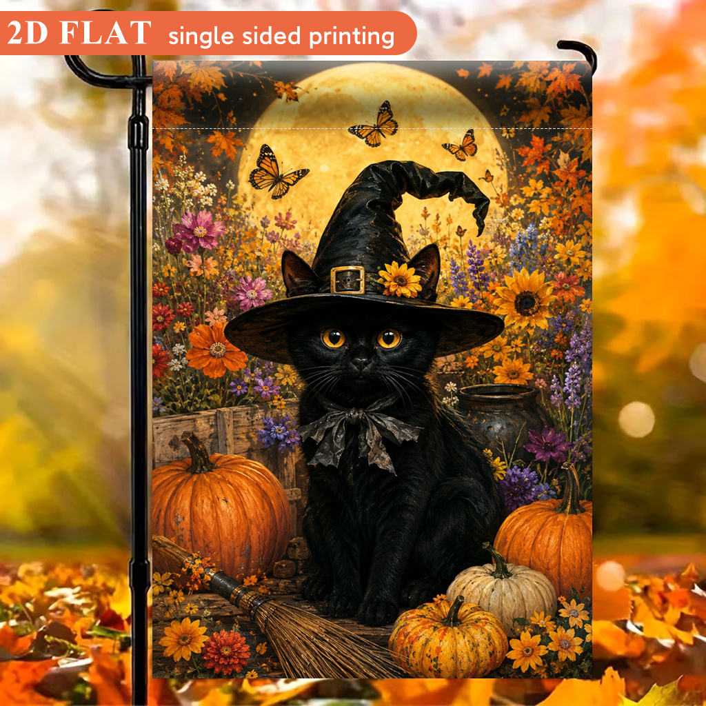 TEMU 2d Flat - 2d Flat Garden Flag 1pc, Witch Cat And Pumpkins, Polyester Material, Single-sided Printed Design, Ocean Theme, Summer Theme, Holiday