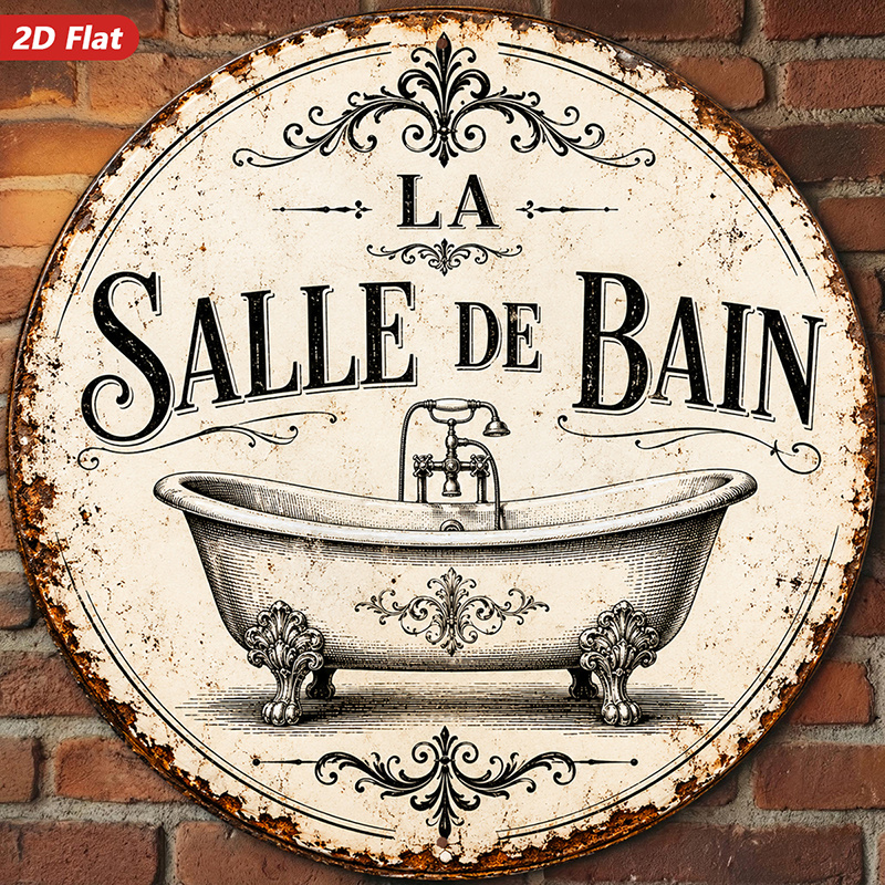 TEMU 2d Flat, 1pc Round Metal Sign Wall Art, Vintage Style, Bathtub Pattern, French Text " De Bain", Home Decor, Ideal For Bathroom, Toilet, Laundry