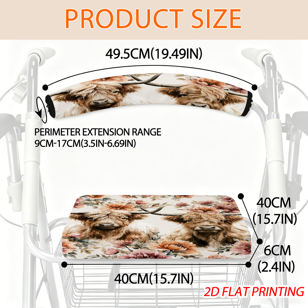 TEMU Highland Cow And Printed Rollator Walker Cover Set For Seat And Backrest - Machine Washable Soft Fabric - Universal Fit Senior Mobility