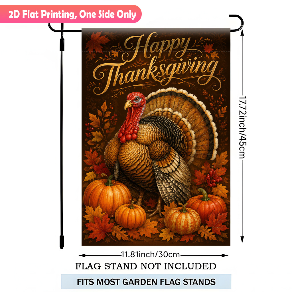 TEMU 2d Flat, 2d Flat Printing Garden Flag 1pc, Thanksgiving Turkey With Pumpkins Single Sided Polyester Garden Flag, Yard Banner, For Outdoor Home,