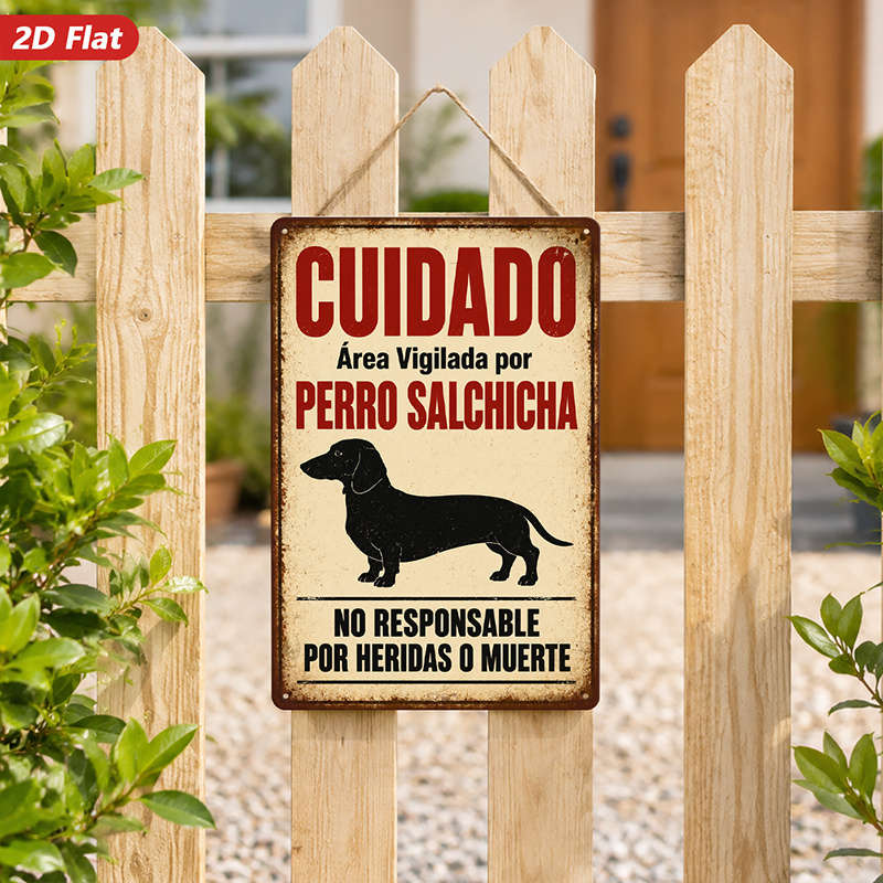 TEMU 2D, 1 pieza de letrero metálico de pared, de pared, decoración del hogar, diseño de perro salchicha, texto de advertencia en español, para ,