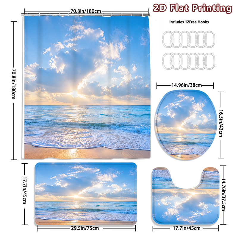 4pcs Ocean Beach Sunrise Shower Curtain Set with U-Shaped Bath Mat
