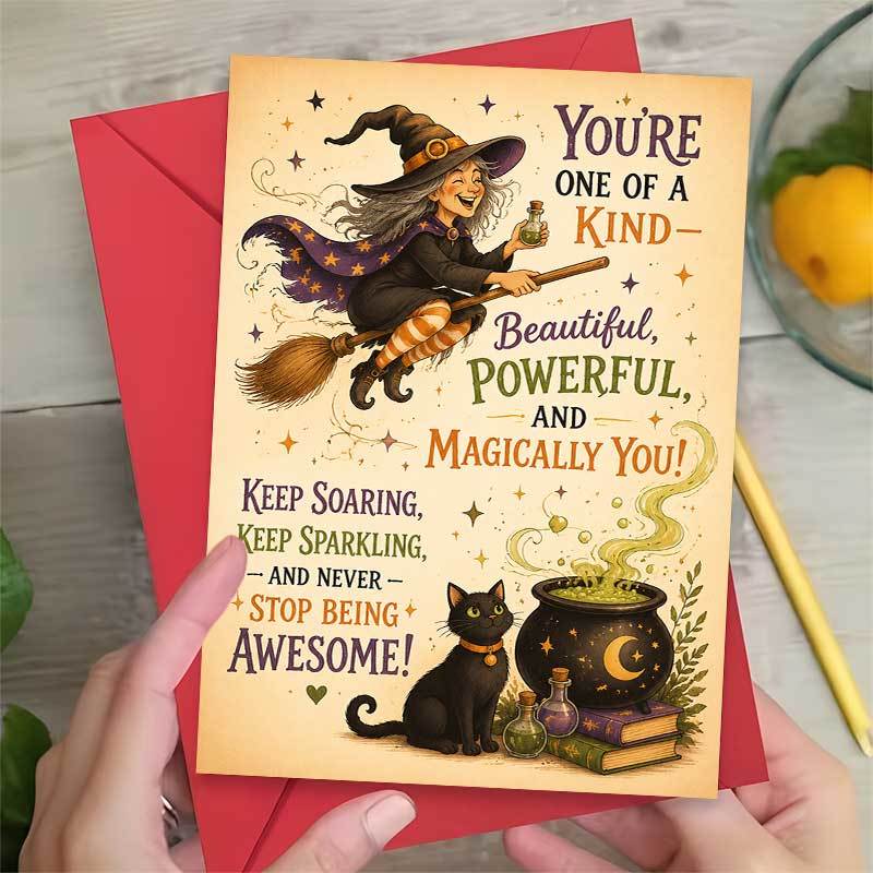 TEMU 1pc Greeting Card And 1pc Envelope. 2d Flat Halloween Card, Flying And Cat Illustration "", Gift For , Halloween Retro Style Christmas Gift
