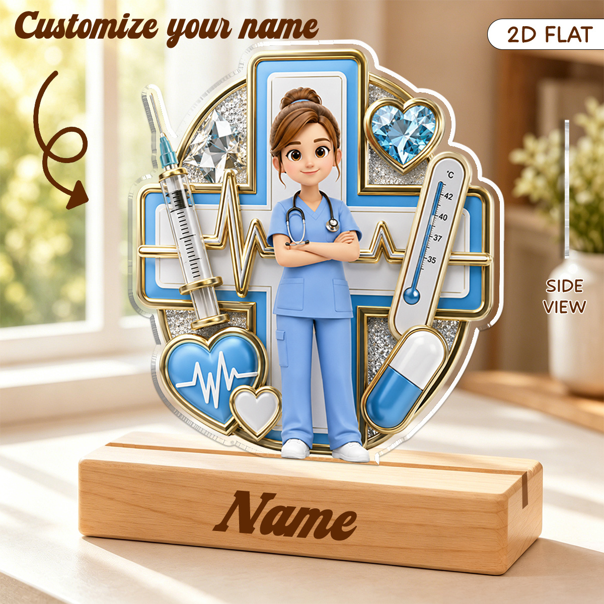 TEMU 2d Flat - 2d Flat 1pc Custom Name Nurse Acrylic Tabletop Sign With Engraved Wood Base, Medical Cross Thermometer Pill Ecg Heart Themed