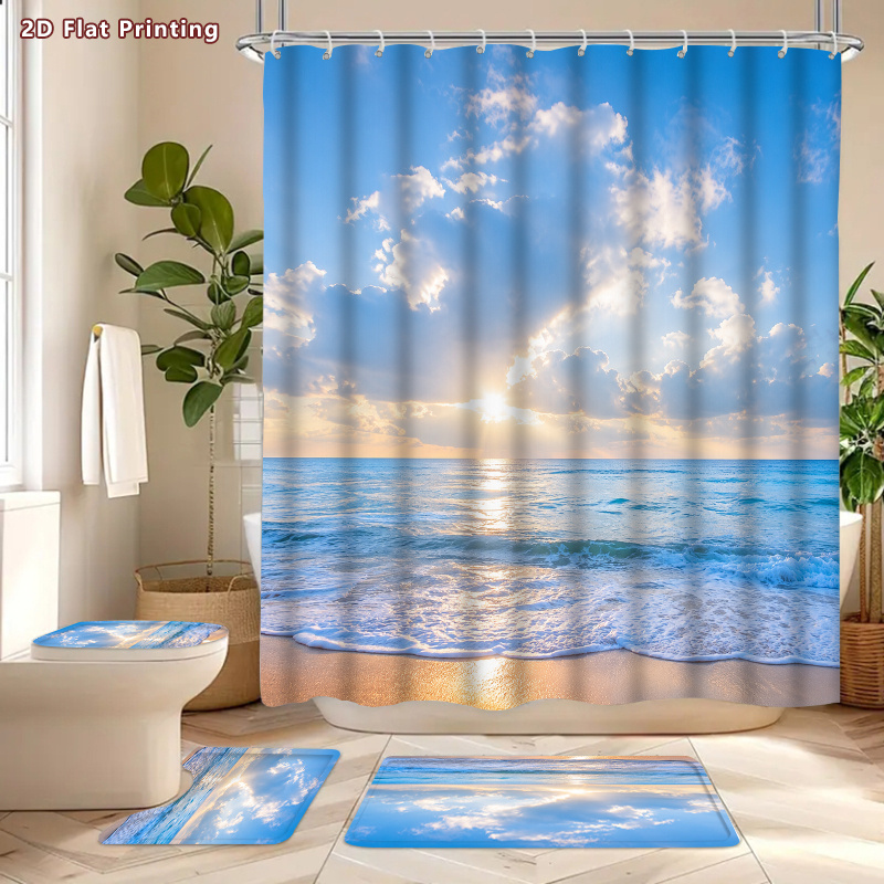 4pcs Ocean Beach Sunrise Shower Curtain Set with U-Shaped Bath Mat