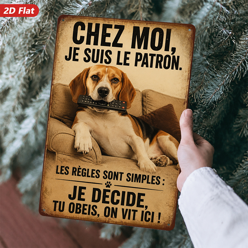 TEMU Plaque métallique 2D plate, 1 pièce, art mural, décoration d'intérieur, art de chien Beagle, motif avec française, pour salon, chambre, arrondis