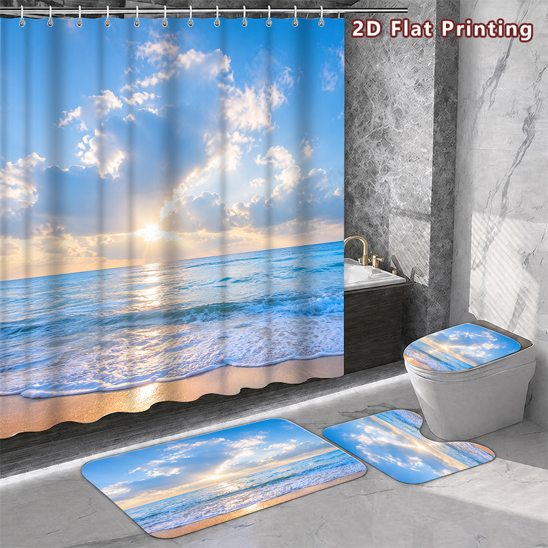4pcs Ocean Beach Sunrise Shower Curtain Set with U-Shaped Bath Mat