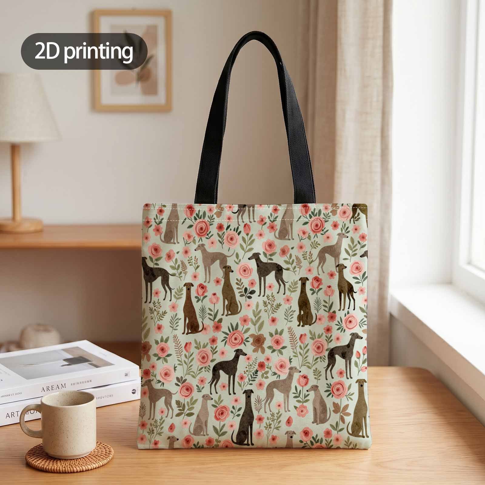 TEMU 1pc 2d Printing Tote Bag With Whippet Dogs Pink Floral , Suitable For Shopping Office Vacation Daily Commute And Travel, Gift For .