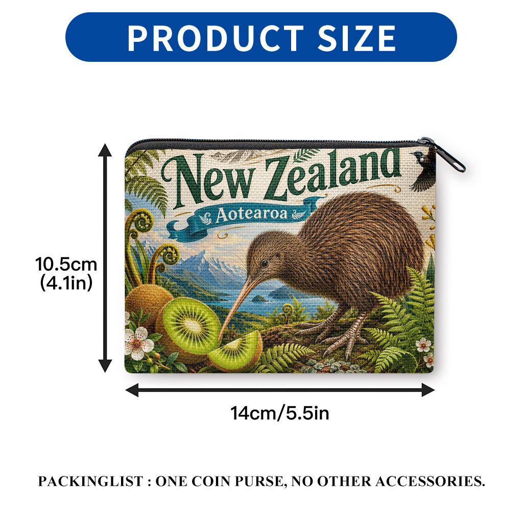 TEMU Women' New Zealand Themed Coin Purse - Double-sided Bird & Foliage Print Wallet Suitable For , Keys, Cards, Earphones Storage, Compact Portable