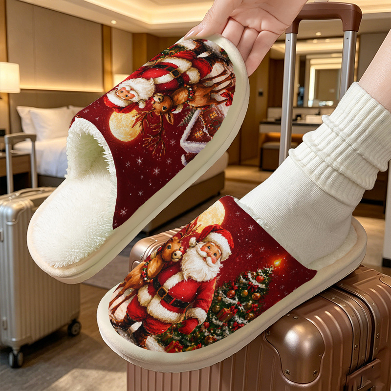 TEMU Santa Reindeer Christmas Tree Snowy Home Slippers, Christmas Themed Illustration Style Unisex Fashion Indoor/outdoor Slippers, Suitable For