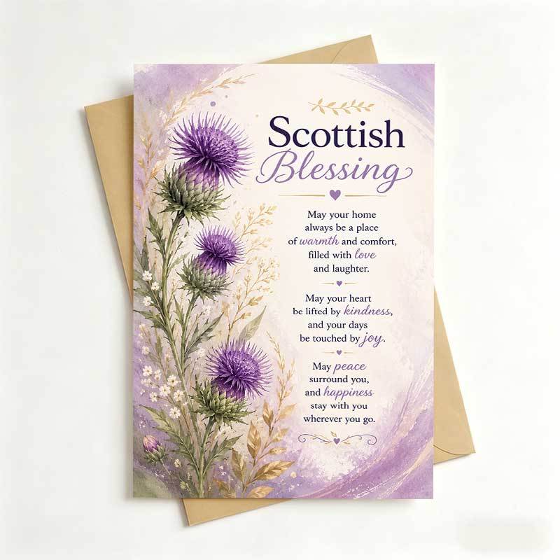 TEMU 1pc Greeting Card And 1pc Envelope Elegant Scottish Blessing Greeting Card, Purple Thistle "scottish Blessing", For , Scottish Heritage Floral