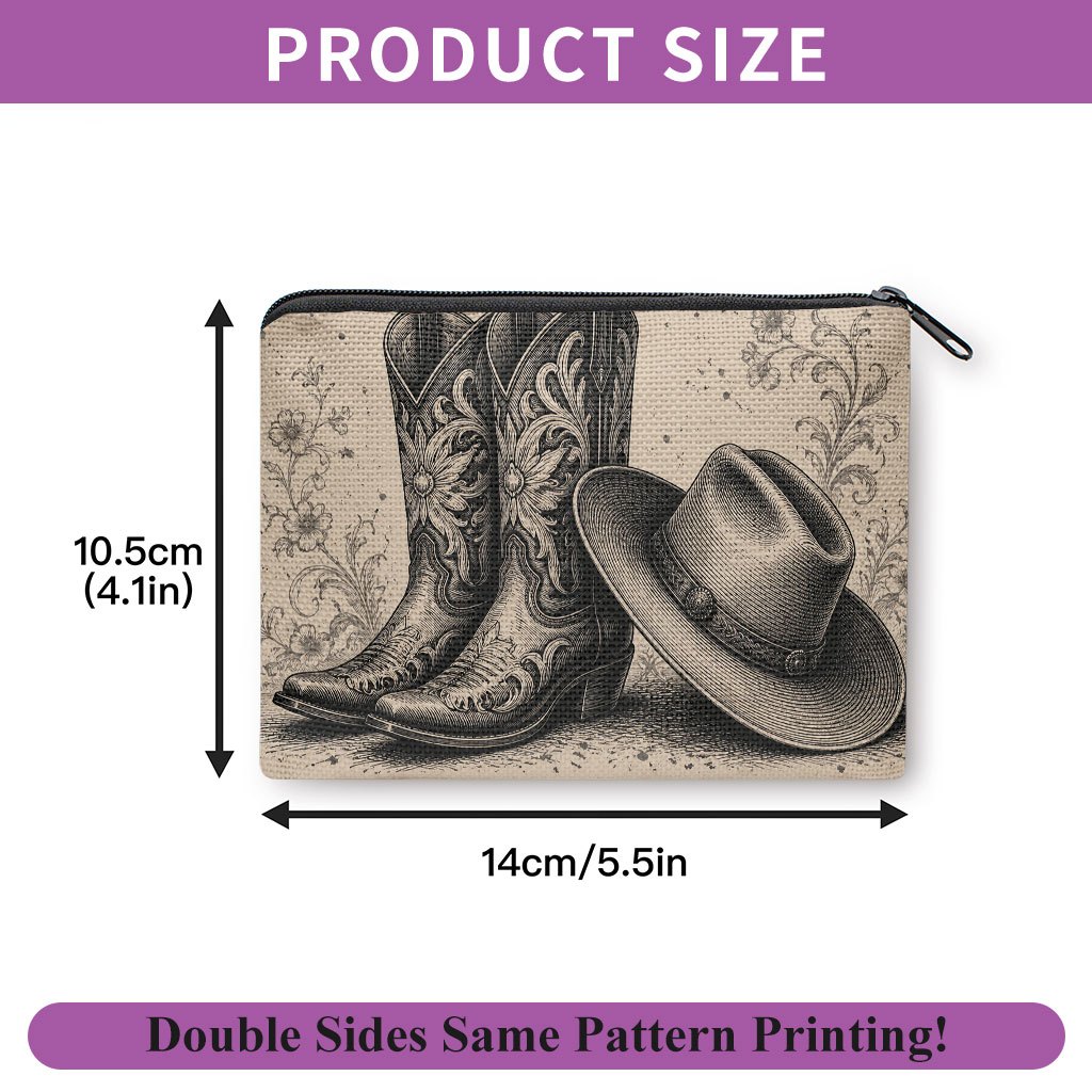 TEMU Portefeuille Pochette à Fermeture Éclair avec Imprimé Bottes et Chapeau de Cowboy Western - Porte-Monnaie Adapté pour Clés, Cartes, Écouteurs,