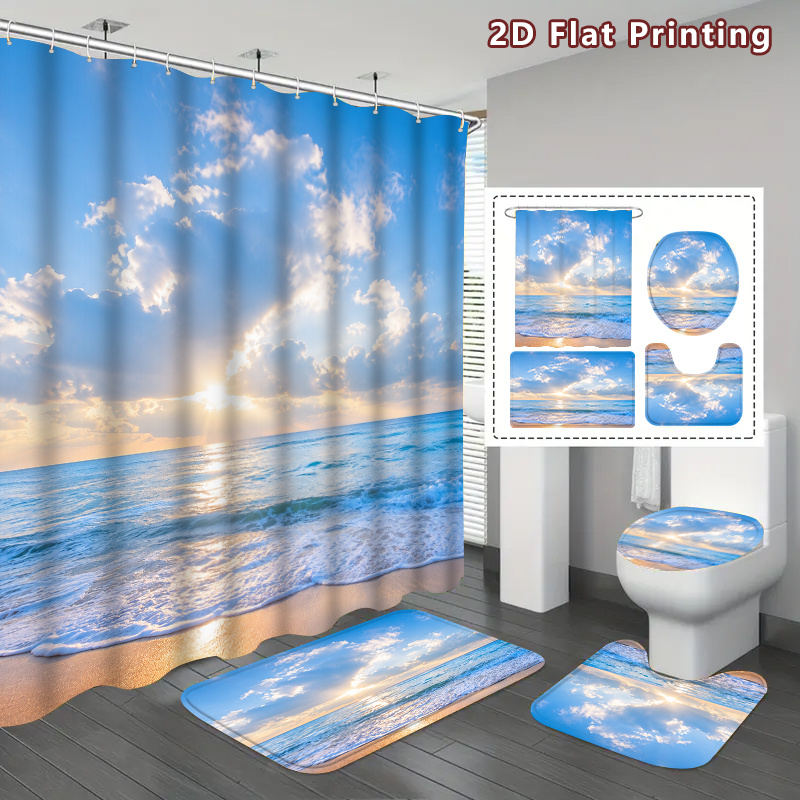 4pcs Ocean Beach Sunrise Shower Curtain Set with U-Shaped Bath Mat