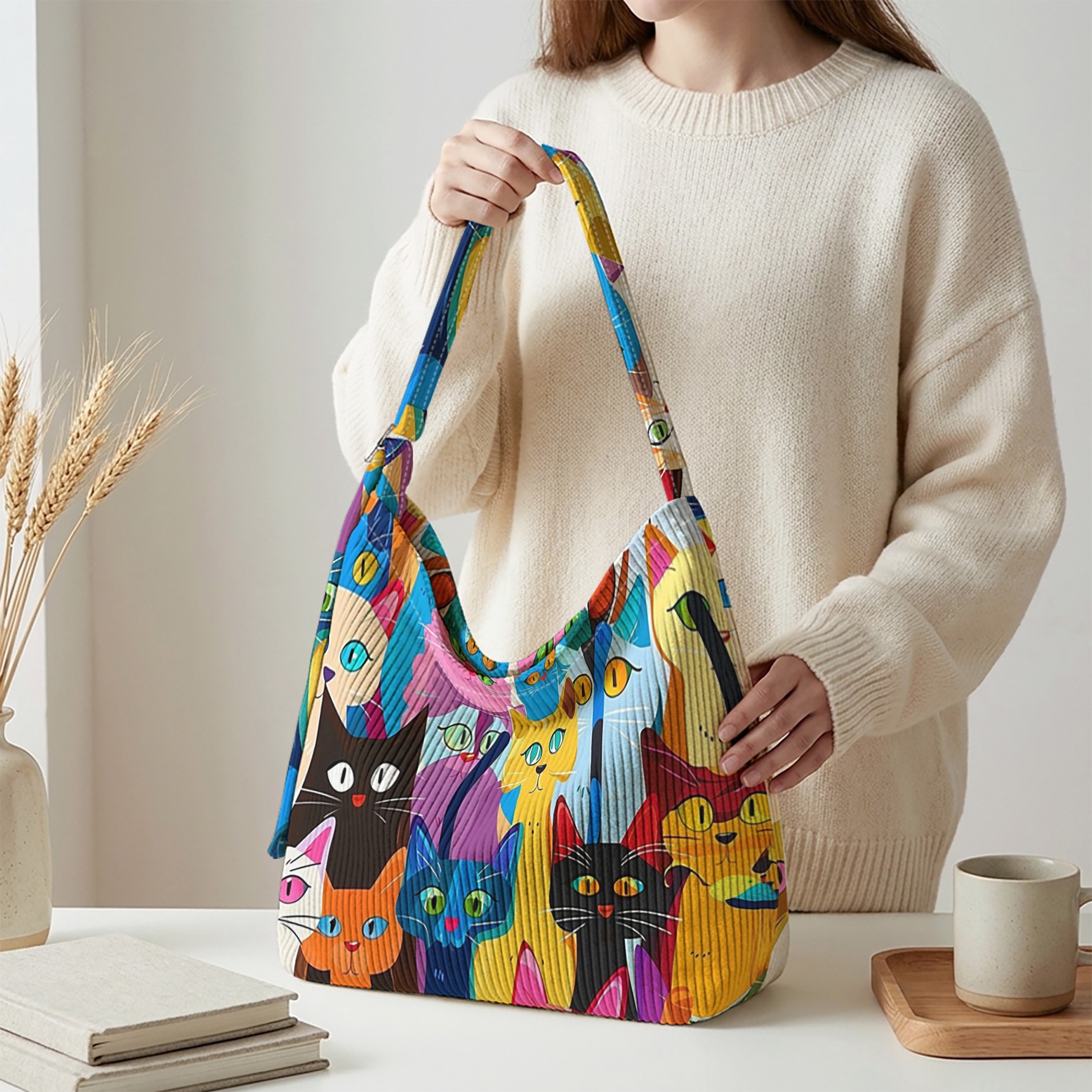 TEMU 1pc, Tote Bag, Multicolor Cat Pattern 2d Print, Niche Large Capacity Commuter Bag, Soft Corduroy Texture All-match, Adjustable Shoulder Strap