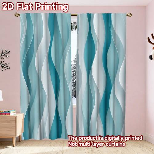 2d flat 2d flat printing 2pcs curtain scene blue wavy stripes digital printed polyester drapes for outdoor decor for bedroom living room dining room reception room