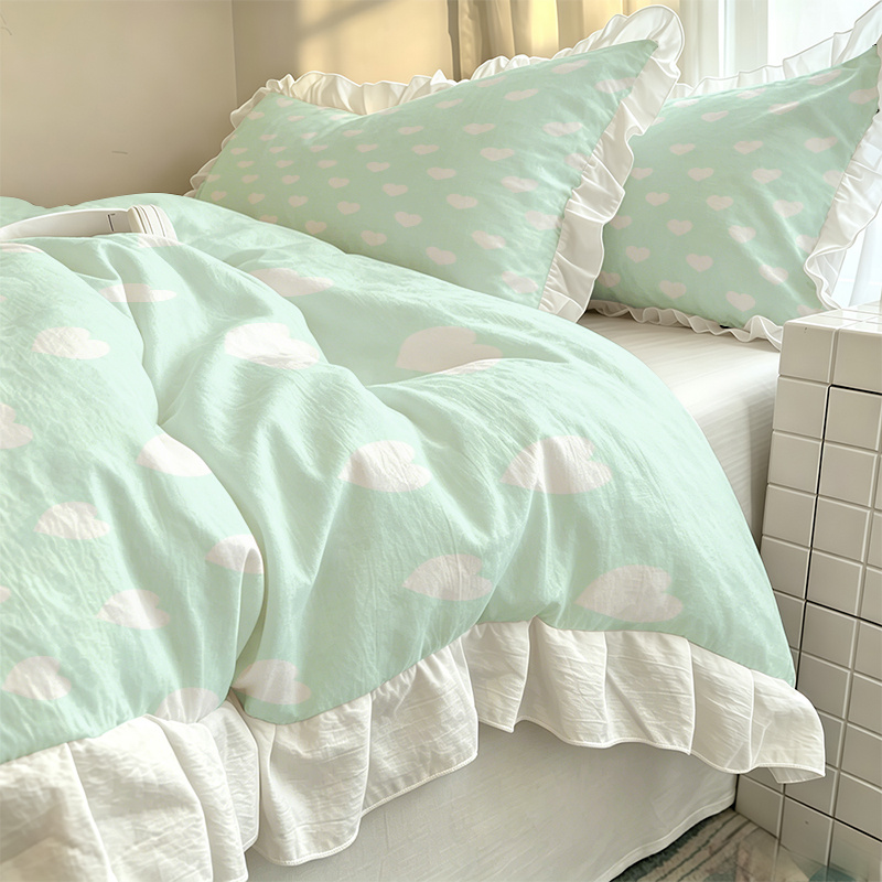 TEMU 2/3pcs Mint Green Background White Heart Pattern Lace Duvet Cover Set, Set Includes 1 Duvet Cover And 1/2 Pillowcases, No Filling - Soft