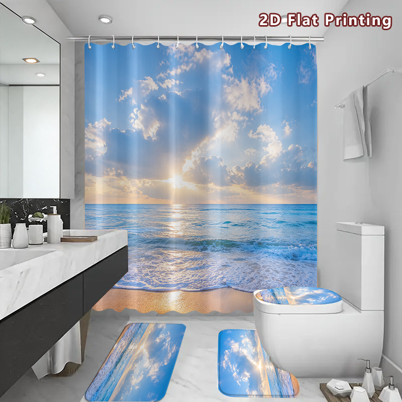 4pcs Ocean Beach Sunrise Shower Curtain Set with U-Shaped Bath Mat
