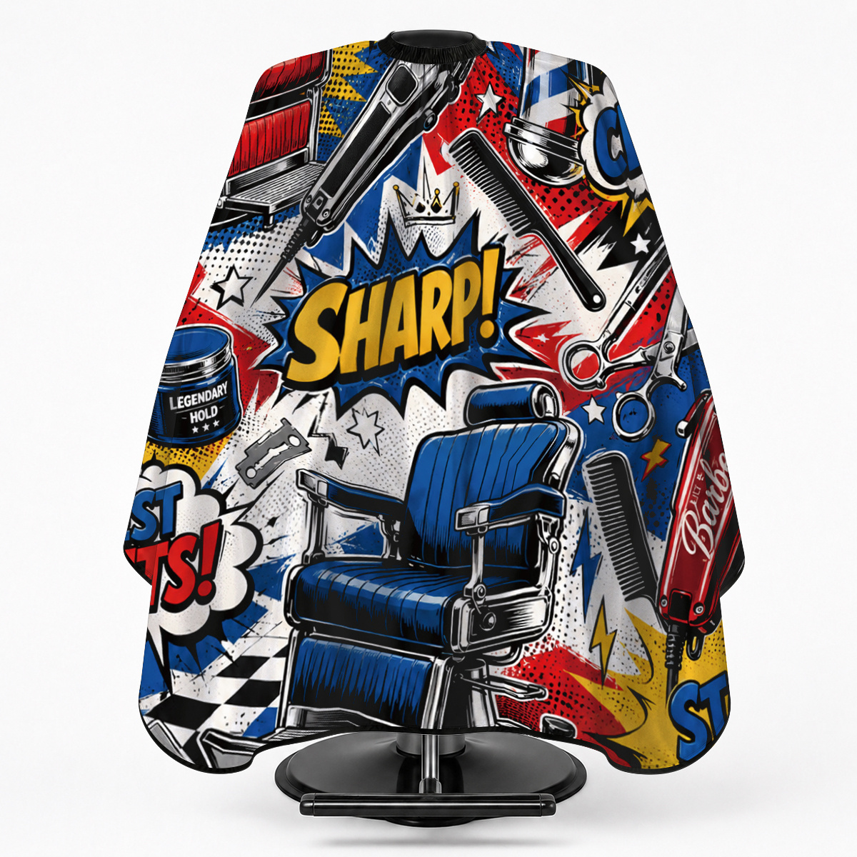 TEMU 1pc Polyester Barber Cape, Pop Comic Print Barber Chair And Barber Tool Pattern, Adjustable Neck Hair Cut Cloak For Hair Styling, Style Hair