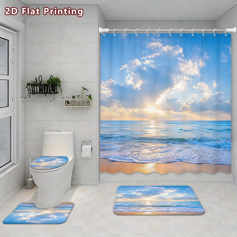 4pcs Ocean Beach Sunrise Shower Curtain Set with U-Shaped Bath Mat