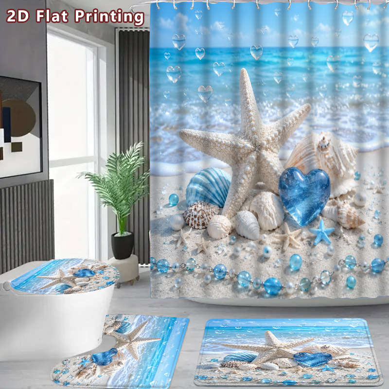 TEMU 2d Flat, 4pcs 2d Flat Coastal Starfish Shell Shower Curtain Set, Blue White Beach Bathroom Decor, Additions With, U-shaped, Toilet Lid Cover,