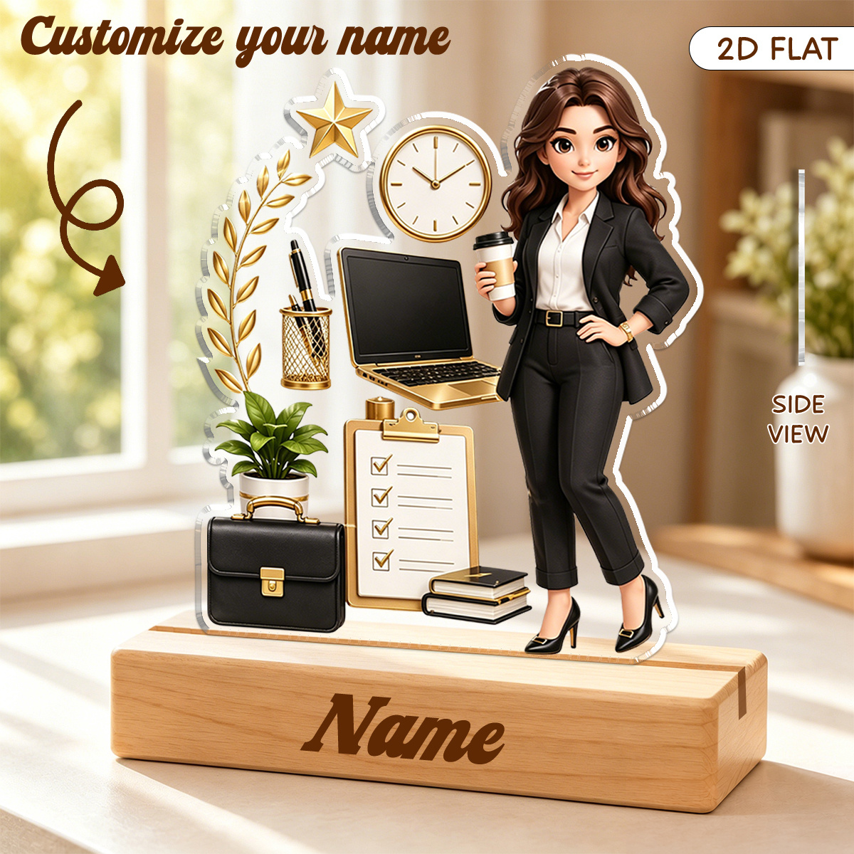 TEMU 2d Flat - 2d Flat 1pc Custom Name Business Woman Acrylic Tabletop Sign With Engraved Wood Base, Laptop Briefcase Checklist Clock Plant Pen Book