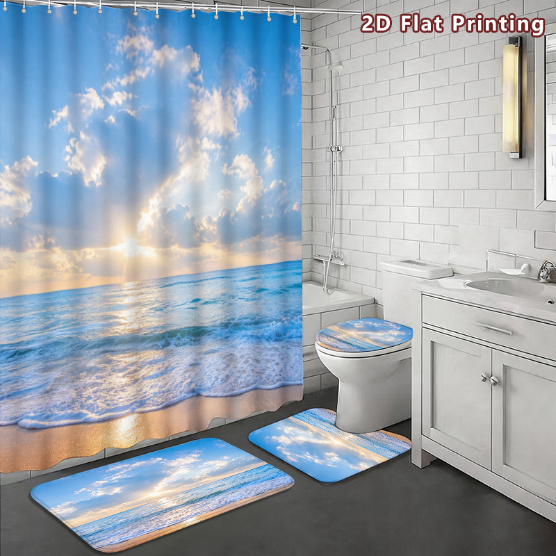 4pcs Ocean Beach Sunrise Shower Curtain Set with U-Shaped Bath Mat