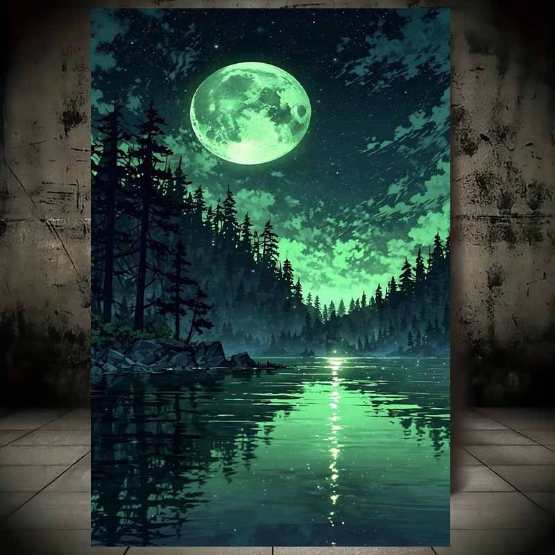 2d flat 2d flat 1pc unframed canvas poster mysterious forest night view   style canvas art moonlight lake fantasy scene modern wall decor suitable for living room and bedroom   decoration hd canvas print