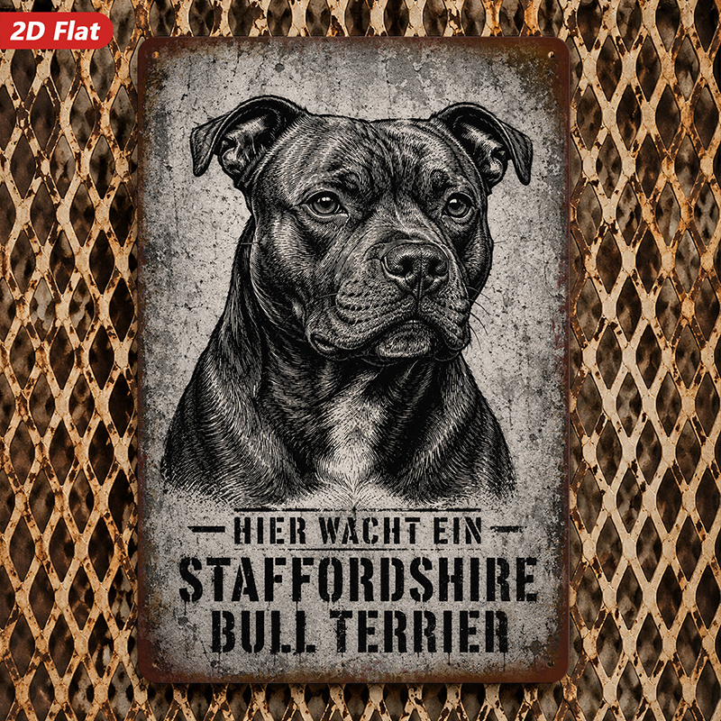 TEMU 2d Flat, 1pc Metal Sign Wall Art, Staffordshire Bull Terrier Portrait Home Decor, Black And , German Text "here Watches One", For Living Room,