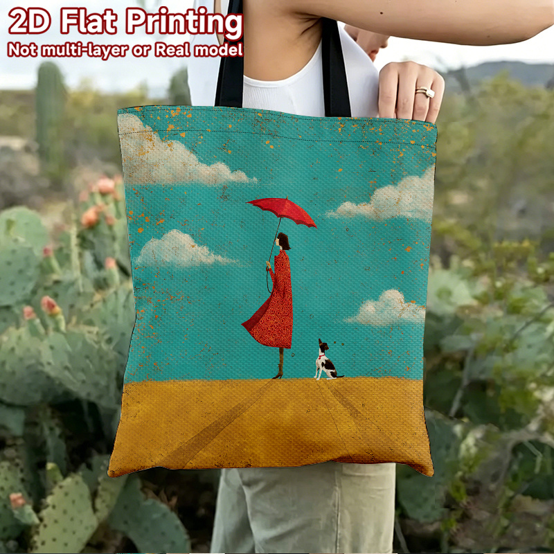 photo de l'article 1 pièce sac   2d à impression plate femme volante avec parapluie rouge et  , sac à bandoulière portable pour vacances   et   quotidiens, sac à main décontracté pliable parfait pour les   et les courses quotidiennes, 2d à plat