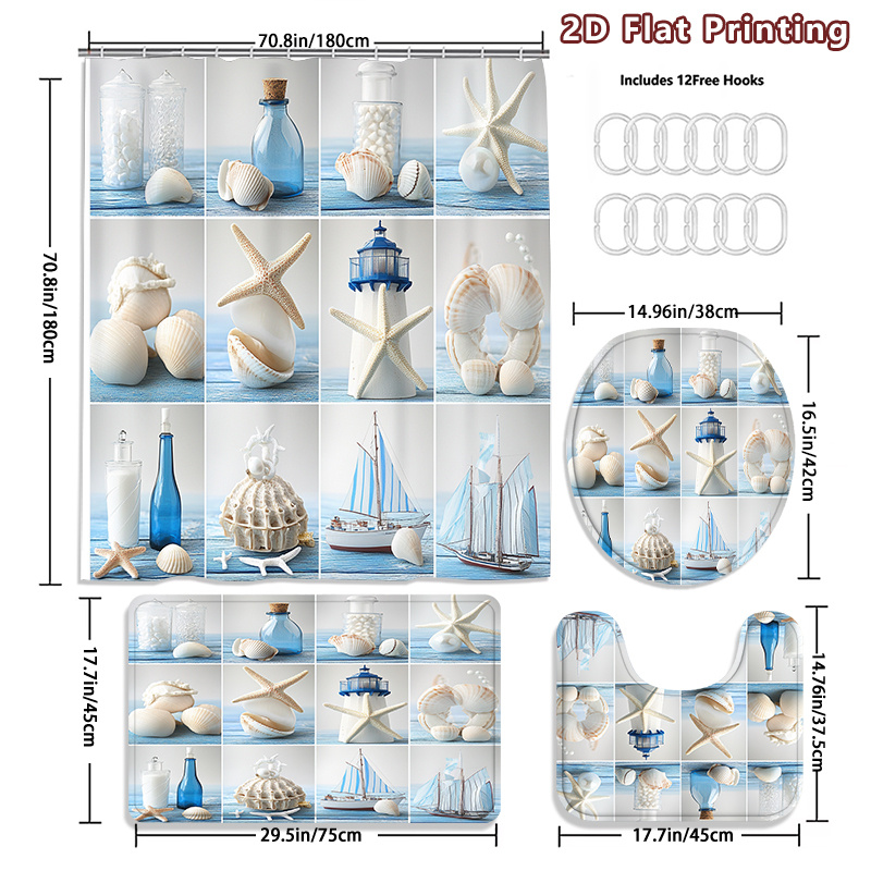 4pcs Rustic Blue & White Seashell Shower Curtain Set with Accessories