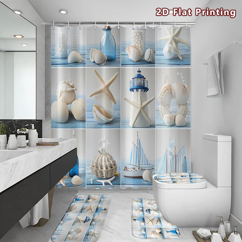 4pcs Rustic Blue & White Seashell Shower Curtain Set with Accessories