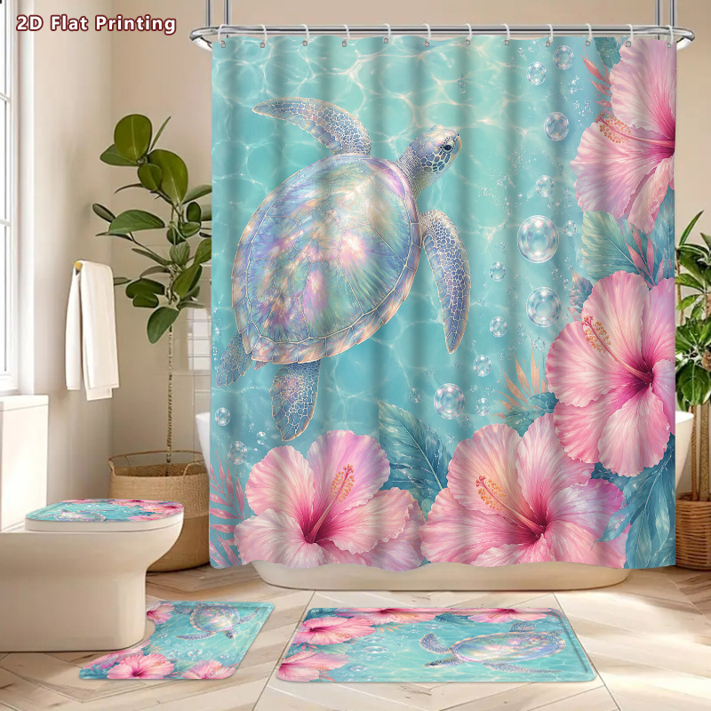 4pcs Iridescent Sea Turtle Shower Curtain & Bath Mat Set