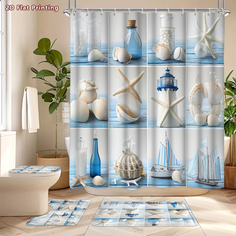 4pcs Rustic Blue & White Seashell Shower Curtain Set with Accessories