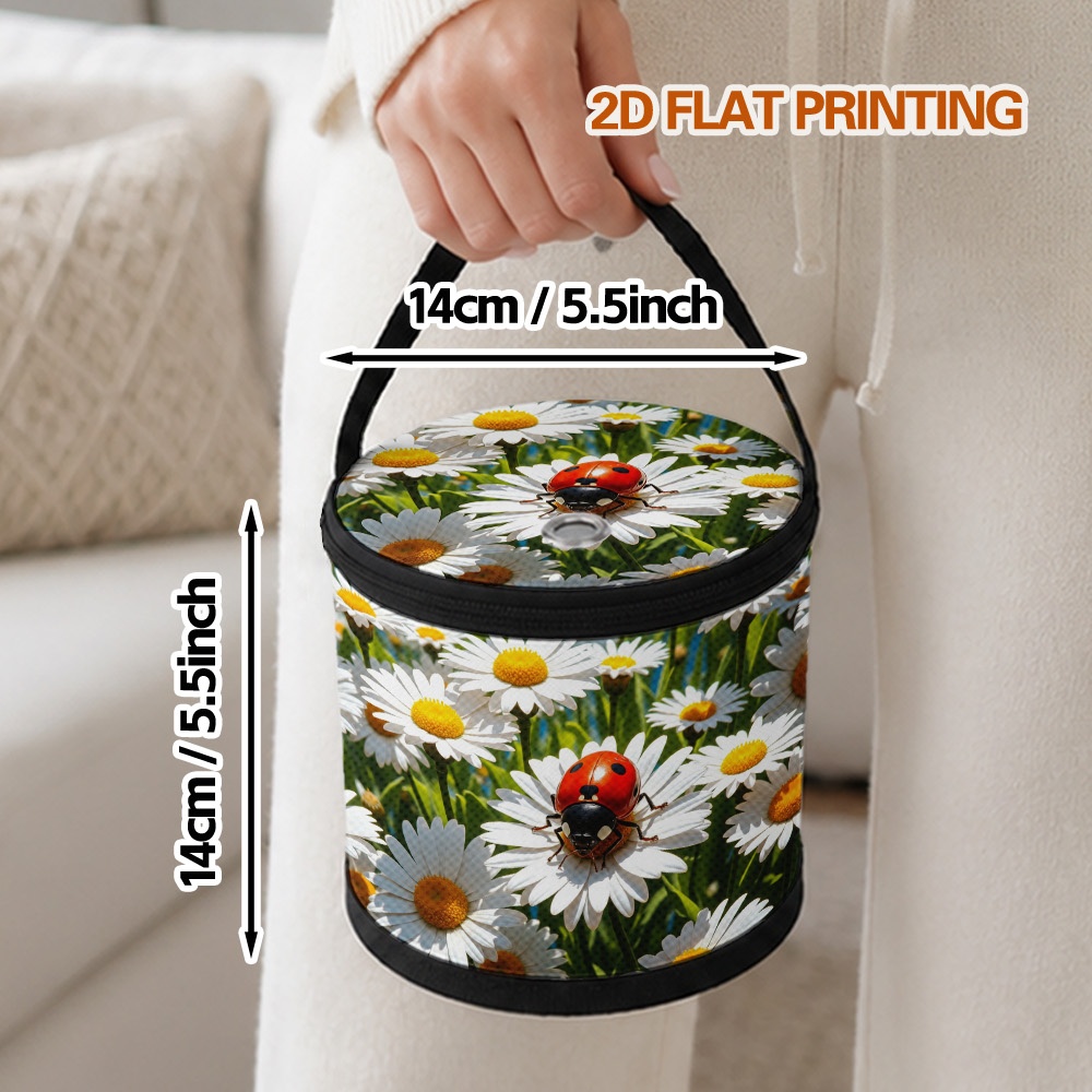 TEMU 1pc Ladybug On Daisy Flowers Design Yarn Storage Bag, Zipped Crochet Carry Pouch With Top Handle, Multifunctional Organizer For Hand Knitting