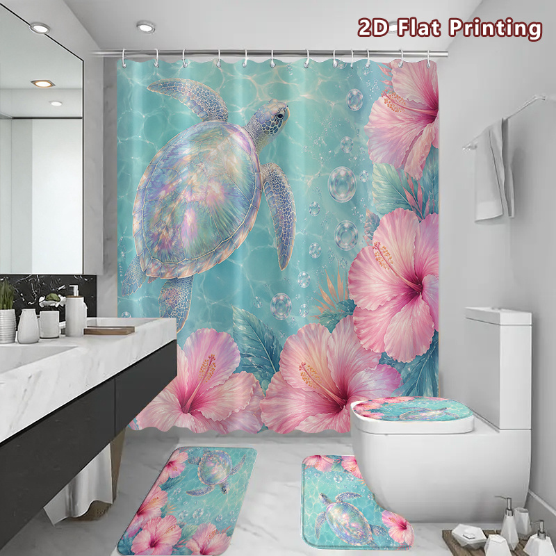 4pcs Iridescent Sea Turtle Shower Curtain & Bath Mat Set