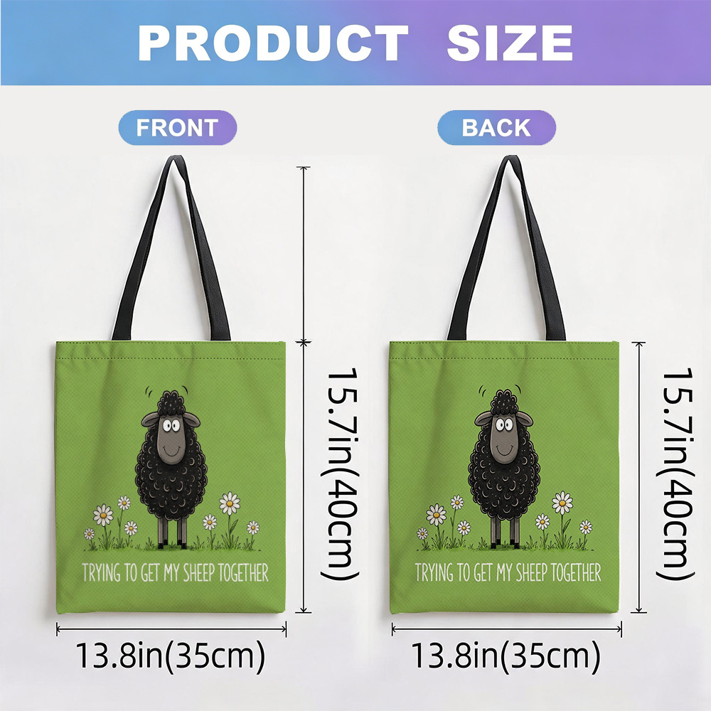 TEMU 1pc Large Capacity Cute Black Sheep & Daisy Print Tote Bag Suitable For Students, Office , Grocery Bag With Sheep, Rectangular Carrier For,,