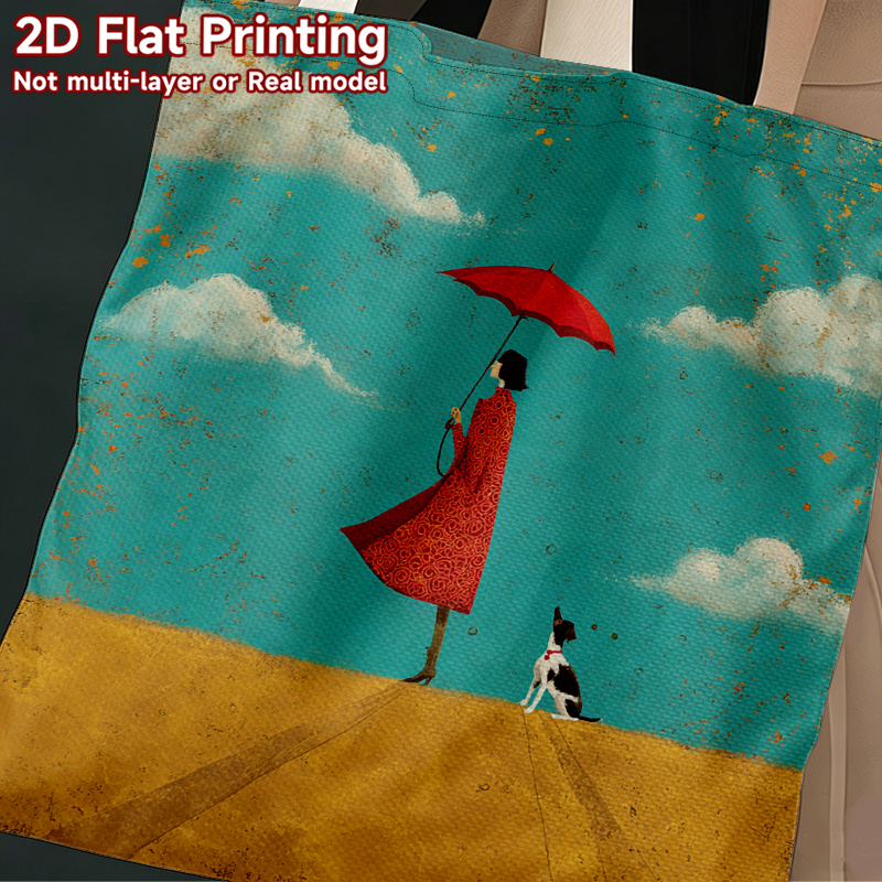 1 pièce sac   2d à impression plate femme volante avec parapluie rouge et  , sac à bandoulière portable pour vacances   et   quotidiens, sac à main décontracté pliable parfait pour les   et les courses quotidiennes, 2d à plat